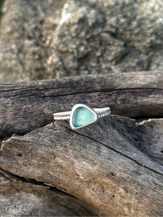 Hand Crafted Jewelry - Blue sea glass Sea tumbled sea glass sterling & fine silver ring